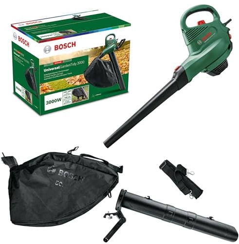 Bosch Electric Leaf Blower and Vacuum UniversalGardenTidy 3000 (3000 W, collection bag 50 l,variable speed,for blowing, vacuuming shredding leaves, Weight: 4.7 kg, in carton packaging)