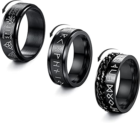 Adramata 3 Stück Edelstahl Zappel Ring Herren Damen Cooler Schwarzer Ring Viking Rune Bandring Verlobung Hochzeit Versprechen Bandringe