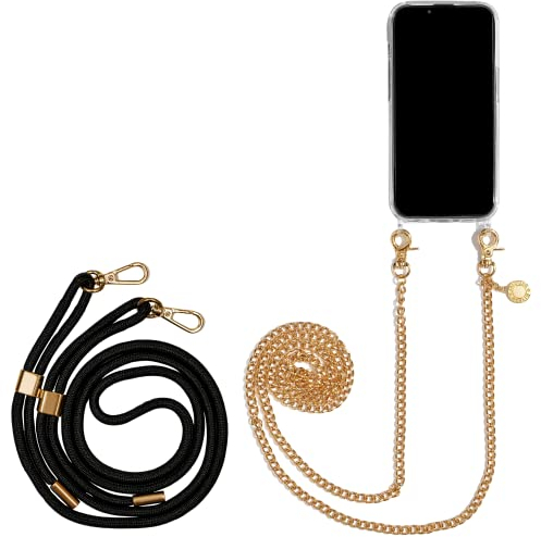 Jalouza Set aus Handyhülle, Handykette und Kordel kompatibel mit iPhone 13 Pro – Handykette Gold und Kordel Schwarz-Gold Kette zum Umhängen Smartphonekette für Unterwegs