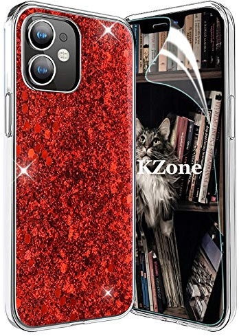 OKZone Compatible with iPhone 13 (6.1 Inches) Case [with HD Screen Protector], Bling Glitter Sparkle Design Slim Fit Soft Gel TPU Silicone Skin Cover Anti-scratch Protective Case (Red)