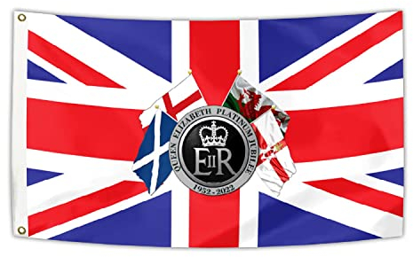 152 x 91 cm Queen Platinum Jubiläum 2022 UK Union Jack Flagge, Trauer Queen Elizabeth II 1926–2022 Platinum Jubiläum Flagge Banner 100% Polyester mit Ösen, britische Flagge Dekorationen (E)