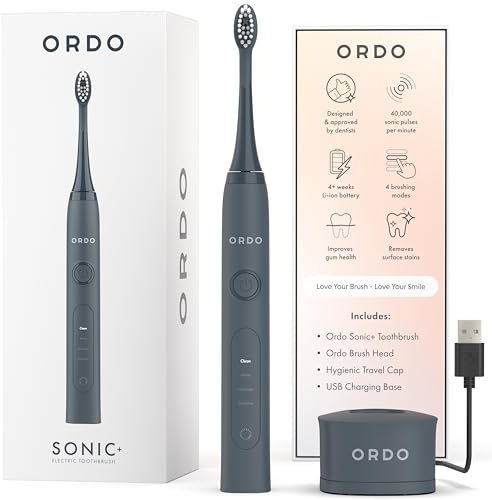 Ordo Sonic+ Electric Toothbrush for Adults, Advanced Tech, 4 Brushing Modes, Fast Rechargeable, Sonic Toothbrushes Over 4 Weeks Battery Life, Silicone Polishing Element, USB Charger, Charcoal Grey