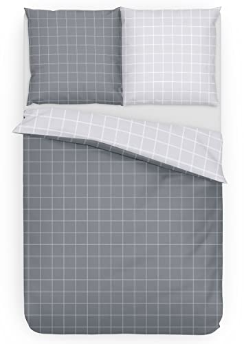 Träumschön Biber Bettwäsche Set 2tlg 155x220 cm + 80x80 cm – Flauschige Bettwäsche Grau – Weiche Winterbettwäsche mit Karo Design - Atmungsaktiv, Warm & Hautfreundlich - 100% Baumwolle