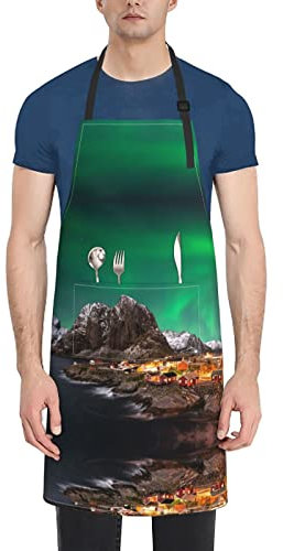 ADFSHIDS Black Stone Unisex-Schürze, verstellbar, wasserdicht, mit 2 Taschen zum Kochen, Grill und Backen, Schöne Aurora, One size