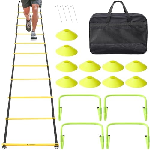 Navaris Trainingsset Sport mit Fitnessleiter - inkl. Koordinationsleiter verstellbare Hürden Kegel Befestigungshaken und Tragetasche - Agility Ladder Sport Set
