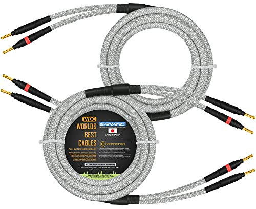 WORLDS BEST CABLES 3 Meter - Canare 4S11 - Braid (White + Steel) – Audiophile Grade - HiFi Star-Quad Speaker Cable Pair with Eminence Gold Banana Connectors