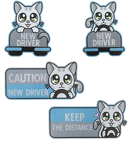 4 Stück Automagnet Aufkleber für Neue Fahrer, Wiederverwendbar New Driver Fahranfänger Magnetschild Neuer Fahrer Schild Keep The Distance Anfänger Schild Automagnet (Süße Katze)