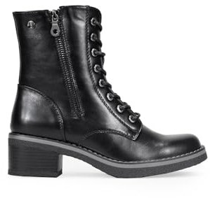 BOSANOVA Botines confeccionados en Piel Vegana con Detalle de Cordones, Cremallera Lateral Decorativa y Suela con Ligero tacón de Crepe. Cierre con Cremallera Interior. Calzado para Mujer Negro 41