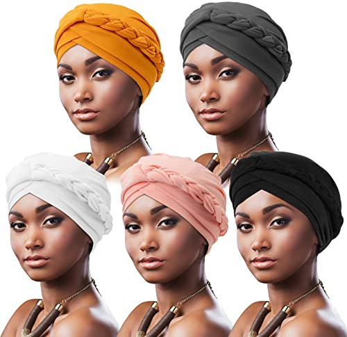 DRESHOW 5 Stück Afrikanischer Damen Turban Geflecht Kopfbedeckung Kopftücher Chemo Kappe Vorgebunden Beanie Mütze Kopfwickel Schlafmütze