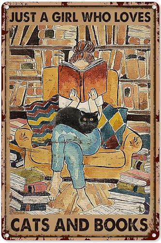 kisoyo Poster Just A Girl Who Loves Cats And Books mit Buch und schwarzen Katzenliebhabern, Poster, Heimdekoration, Poster, Blechschild, Dekoration, Vintage-Chic, Metallposter, Wanddekoration,