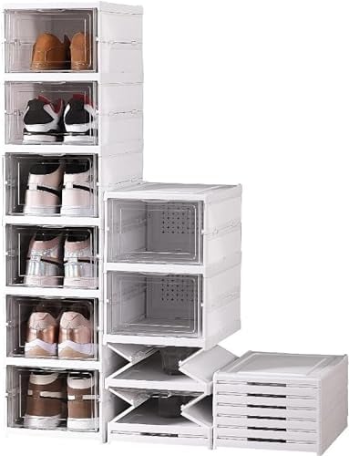 Heikoeco® Schuhboxen Stapelbar Transparent, Faltbar, Schuh Organizer mit Tür, Installationsfrei und Tragbare Schuhbox, für Schuhe bis Größe 46 (6 Ebenen)