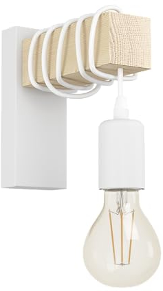 EGLO Wandlampe Townshend, Vintage Wandleuchte im Industrial Design, Retro Lampe aus Stahl und Holz, Farbe Weiß, braun, Fassung E27, FSC zertifziert