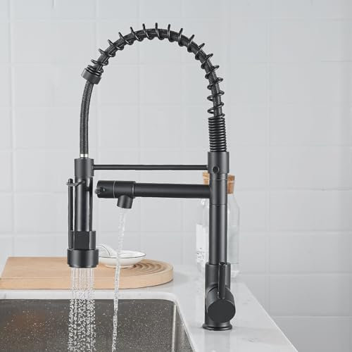 Wasserhahn Küche, Küchenarmatur Spültischarmatur mit Spiralfeder, Spültischarmaturen Einhebel Mischbatterie, 2 Wasserstrahlarten, Niederzugfeder, 360°Schwenkbar, Heiß- und Kaltschalter (Schwarz)