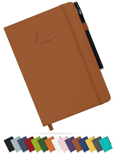 Tasalas A5 Notebook and Pen - 200 Lined Pages Journal Notepad, 80 GSM, Brown Notebook A5 with Soft PU Cover, Elastic Loop, Pen Holder, Expandable Pocket - Note Book for Writing and Note-Taking