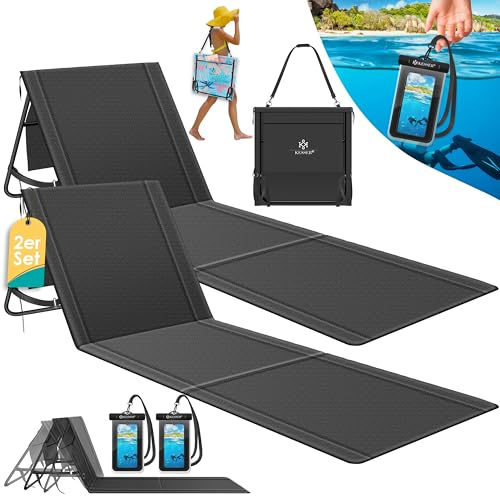 KESSER® 2er Set Strandmatte klappbar mit Verstellbarer Rückenlehne, Tragegurt, wasserdichter Tasche & Aufbewahrung – Faltbare Sonnenliege für Strand, Garten & Terrasse je 130 kg belastbar