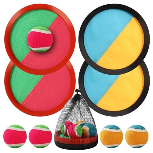 Klettballspiel,Klettball Strandspielzeug Ballspiele mit 4 Fangscheiben 4 Bälle und 1 Aufbewahrungstasche,Wurf und Fangspiel für Kinder ab3 4 5 6,Fangballspiel für Partys,Gärten,Outdoor Draußen Strand
