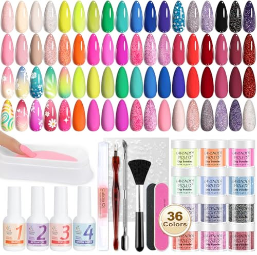 Lavender Violets 48pcs Acrylique Trempage Poudre Système , 36 Couleurs Manucure Set Starter Outils Français Lime à Ongles Autocollants Cornée Huile Récupération Plateau Gamme Complète B950