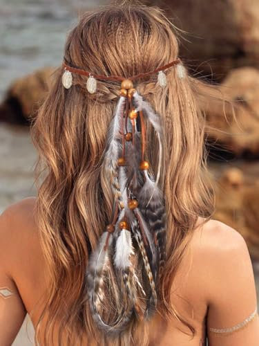 Fashband Serre-tête indien à plumes avec pièces de monnaie et pampilles – Coiffe hippie avec perles tribales – Accessoire de cheveux pour femme (taille A, taille unique)