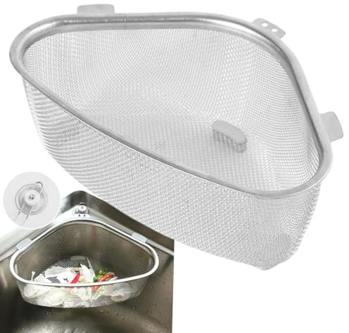 Hutnncg Cesta coladora de fregadero, cesta coladora de esquina triangular para fregadero de cocina, estante de drenaje de filtro de acero inoxidable, colador multifuncional de acero inoxidable para
