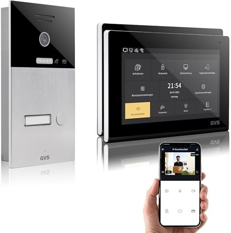 GVS - IP Video Türsprechanlage mit Türöffner, HD Kamera, 2X 7 Zoll Monitor & App - Smarte Video Türklingel mit Kamera & Gegensprechanlage für 1 Familienhaus (AVS1085U)