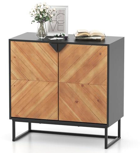 TANGZON Buffet Sideboard, 2-Door Wooden Kitchen Cupboard with Anti-Tipping Kits & Metal Legs, Floor Standing Storage Cabinet Console Table for Entryway Living Dining Room (Black)