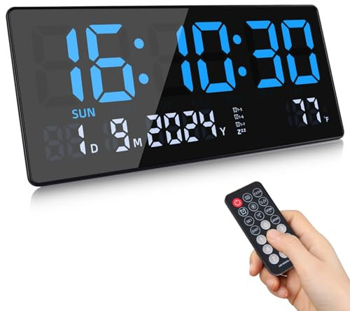 Fuloon Orologio da Parete Digitale, 15.5 Grande LED Orologio da Parete Digitale con Calendario, Secondi, Temperatura, Data, Settimana, LED Sveglia da Tavolo con Supporto per Soggiorno Cucina Ufficio
