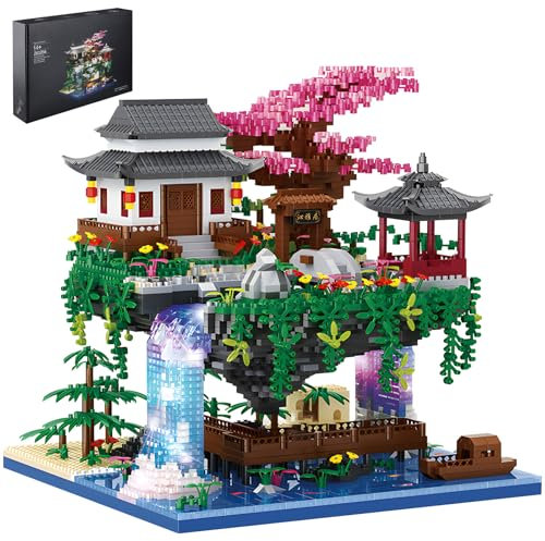 CAXIMSY Cherry Blossom Bonsai Tree House Architecture Building Block Sets Japanese Peach Blossom Pool Micro Mini Treehouse Building Model Toy Gift for Kids Adults 3880 pieces