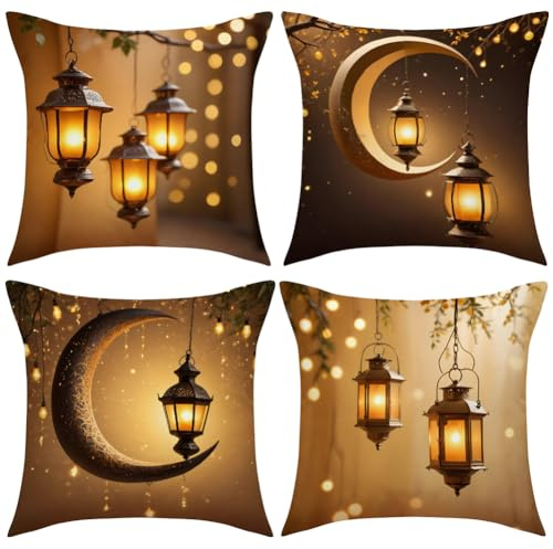 HTGWCG 4 Stück Ramadan Dekokissenbezüge, Leinen Mond Laterne Muster Zierkissenbezüge, Mond Kissenbezüge Kissenbezug für Ramadan Kareem Party, Sofa,Auto, Bett, Home Decor (45 x 45 cm)