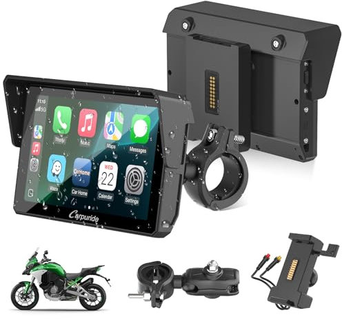 Carpuride W502S Pro 2025 - GPS inalámbrico para Motocicleta, Carplay/Android Auto, Pantalla táctil Impermeable de 5, con Soporte BM05, Bluetooth Trans, Mando a Distancia con Cable y navegación