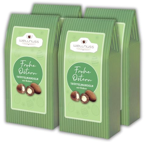WELLNUSS Trüffelmandeln mit Kakao – Ostergeschenk für Genießer – 4 x 175g | Feinkost-Genuss für Ostern: knackige Trüffelmandeln in zartschmelzender Schokolade. Hochwertiges Präsent im Osterdesign