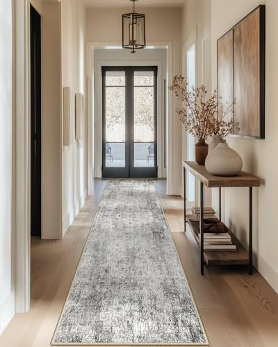 DEFYNEE Teppich Läufer 60 x 240 cm, rutschfest Teppichläufer, Kurzflor Küchenläufer, Waschbar, Faltbar, Abstraktes Design für Eingang, Küche, Wohnzimmer & Büro, Graugelb