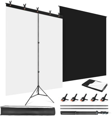 JEBUTU Foto Hintergrund Ständer 1,5x2m, 2-in-1 Foto Hintergrund Schwarz & Weiß 1,5x2m mit 5 Klemme & Tragetasche für Streaming Gaming Fotoshooting Produkt Video Zoom Fotografie