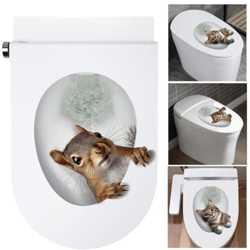 PLIGREAT 2 Pcs 3D Funny Animal Toilet Sticker, Cute Cat Toilet Seat Lid Stickers Removable Self-Adhesive Lifelike Squirrel Wall Decals for Bathroom Bathtubs Cover Decor WC Restroom