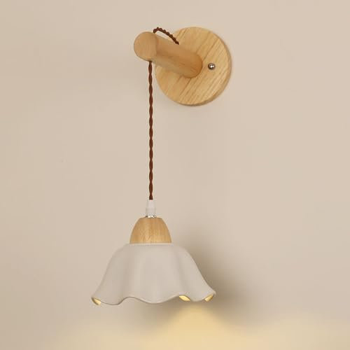 Jadssox weiße Keramik Wandleuchte Holz Wandhalterung Licht nordische Wandleuchte Schlafzimmer Nachttisch fest verdrahtete Wandlampen Wohnzimmer Wandleuchte Moderne Wandleuchten E27 Steckdose