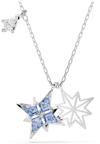 Swarovski Collier pendentif de la collection Symbolica, avec motifs étoilés, cristaux Zirconia incolores et bleus de tailles variées, sur chaîne en métal rhodié