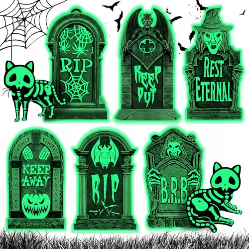 8 Stück Halloween Deko Outdoor Set, 6 Stück RIP Grabstein Halloween Leuchtend, 2 Stück Fluoreszierende Kat, für Garten Rasen, Events, Karneval, Labyrinthe
