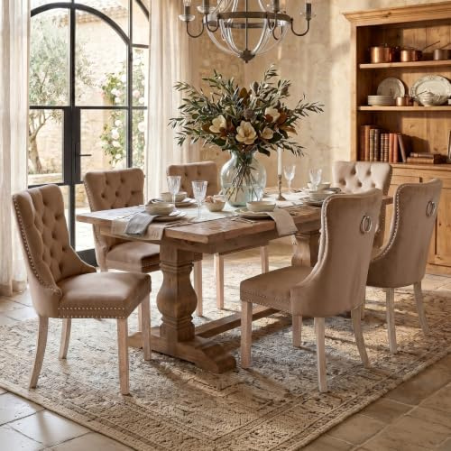 SoarFlash Esszimmerstühle mit gepolstertem Flügelrücken, Khaki, 6er Set | Weicher Samtbezug, Tufting, Nietenbesatz, Rückenring, Holzbeine. Ideal für Esszimmer, Wohnzimmer, Innendekoration.