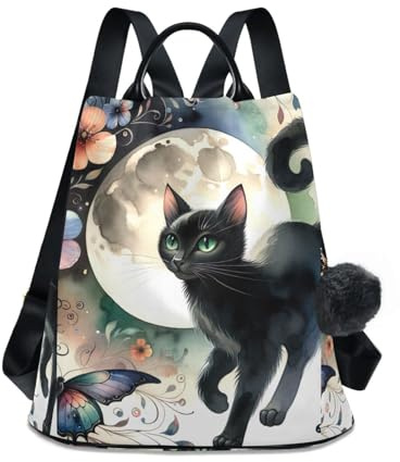 RPLIFE Damen-Rucksack mit süßer schwarzer Katze, Blumenmuster, Schmetterlinge, Diebstahlschutz, lässig, modisch, Tasche mit Pompon