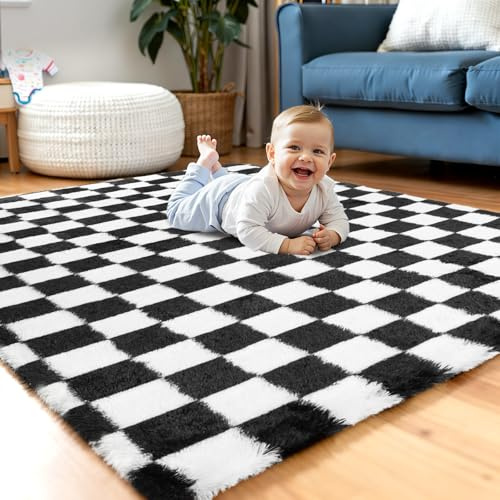 Enyhom Hochflor Teppich Wohnzimmer Flauschig Waschbar Anti Rutsch Teppich Weich Moderner Kariert Teppiche für Schlafzimmer Kinderzimmer - 120x180 cm, Schwarz & Weiß