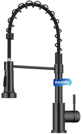 Exrenlly Kitchen Tap, Commercial Spring Kitchen Mixer Tap, Single Handle High Arc Stainless Steel Tap with 360° Swivel and 2 Spray Modes, Matte Black