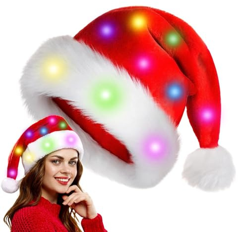 Generico Beleuchtete Weihnachtsmütze - Beleuchtete Plüsch-Weihnachtsmütze - Klassische Weihnachts-Cosplay-Mütze, Partyhut für Erwachsene, Kinder
