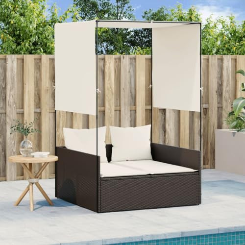 Hoopleep Doppel-Sonnenliege Braun Poly Rattan für 2 Personen, 118x110x187 cm, mit verstellbarem Dach und Vorhängen, UV-beständig, ideal für Terrasse, Garten, Pool