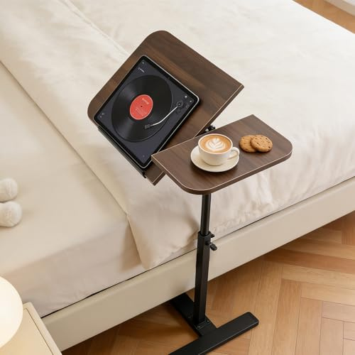 Adjustable Height Overbed Table with Wheels, Over Bed Table for Hospital | C Shaped Bedside Tray Table with Tilting Top, Hidden Casters, Rolling Mobile Laptop Desk for Reading, Eating, Working