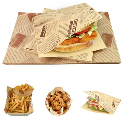 RoyalChic 100 Stück Burger Papier, Dickes Deli Papierblätter, Burger Tüten | 18x18cm und 30x20cm, Backpapier Fettdicht Wasserfest Zeitungspapier für Korb Pommes, Sandwiches, Wrap
