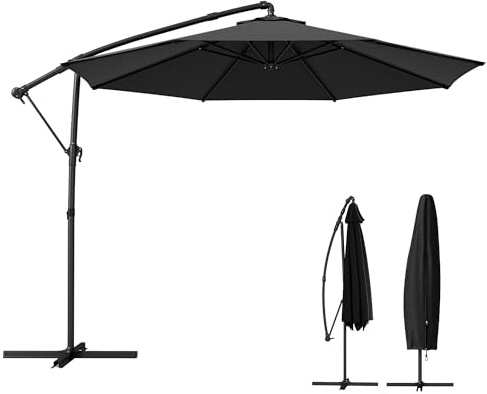 Outsunny Ombrellone da Giardino a Sbalzo 3x3m con Tettuccio Regolabile, Base a Croce, Prese d'Aria, Manovella, Ombrellone Decentrato Inclinabile in Metallo e Poliestere, per Cortile Terrazza, Nero