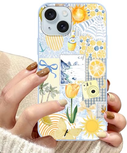 Yoedge Summer Phone Case for iPhone 15 6.1'', Coastal Coquette Vacation Collage Cute Aesthetic Case, Lemon Sun Palm Tree Trendy Protective Scratch Resistant Shockproof Cover for Girls Women
