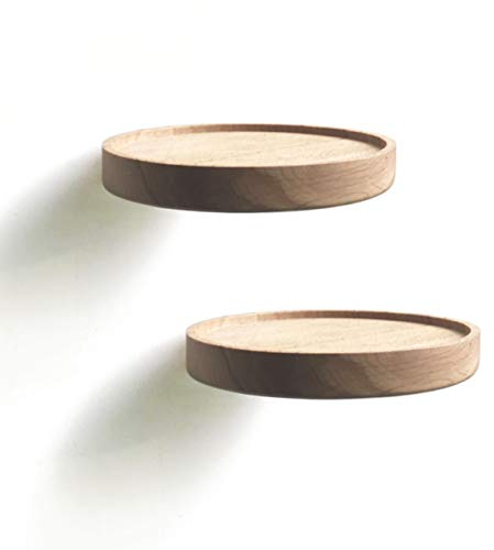 Coracle Floating Shelf, Set of Two Round Wood Wall Mounted Shelves, Invisible Mount Design for Plants Photos Candles, Natural Beech Wood Storage, Hanging Planter Showcase