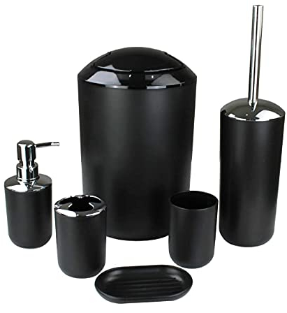 6-TLG Badset Badezimmer Zubehör Set Organizer: Seifenspender, Zahnputzbecher, Kosmetikeimer, WC Bürste und Halter, Seifenschale, Mülleimer, Zahnbürstenhalter, Badgarnitur (Schwarz Design 3)