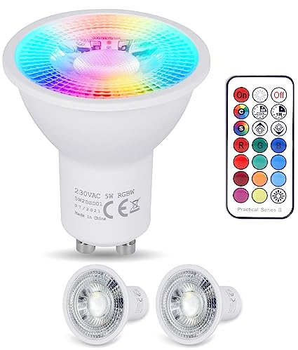 YAYZA! GU10 LED Lampe Dimmbar, RGB+6000K mit Fernbedienung, 5W kaltweiß Glühbirne (Ersetzt 50W), 450LM Hohe Helligkeit LED lampen, 5 Modi 120°RGB Birne für Schienenleuchte, Downlights (2 Stück)