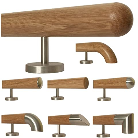 TIBU Eiche Holz Handlauf Geländer 0,3m - 6m, Länge 500 cm, Ende Halbkugel gefräst und 6 gerade Halter
